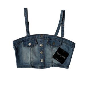 Denim corset-style top with straps – modern and trendy. Size S. Made in China.